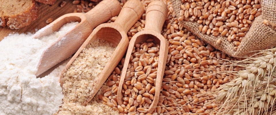 Wood spoons with whole wheat grains, wheat bran and flour
